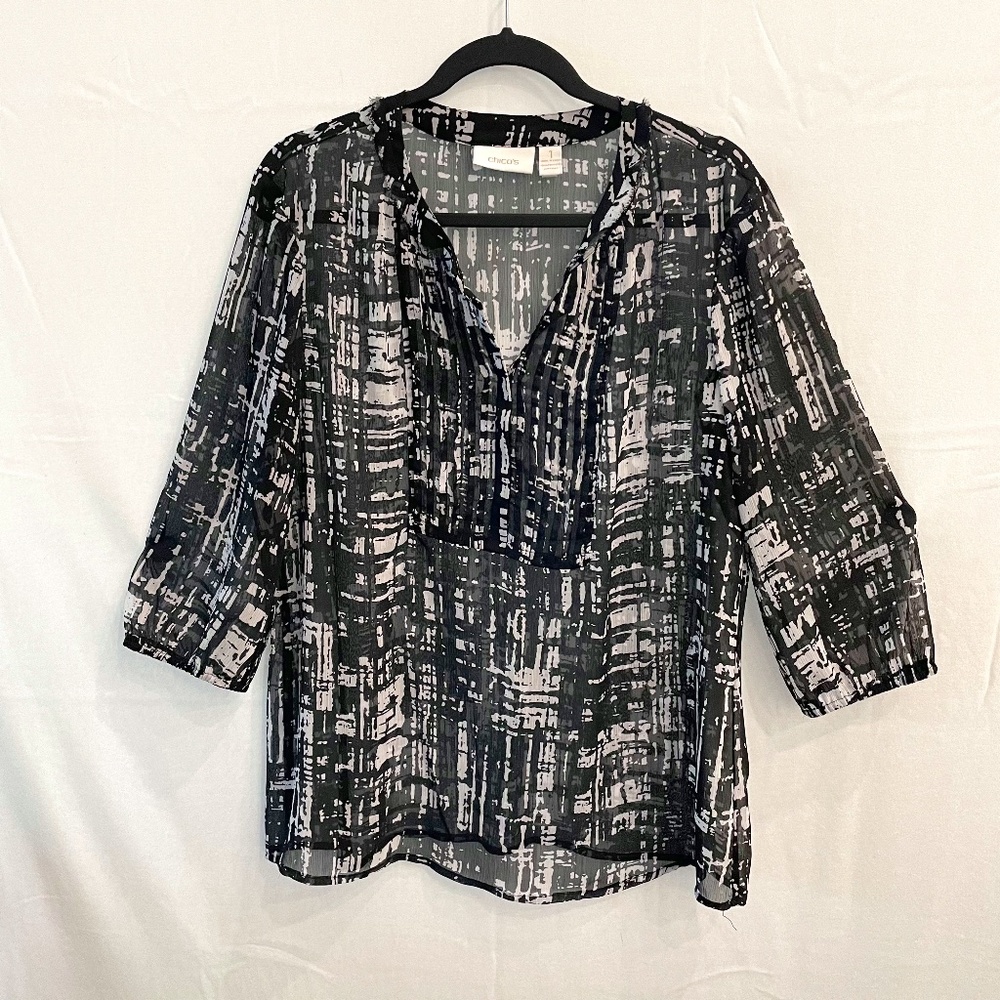 CHICO'S Women's Size 1 US M Pin Tuck V-neck Black Gray Semi-Sheer Tunic Blouse